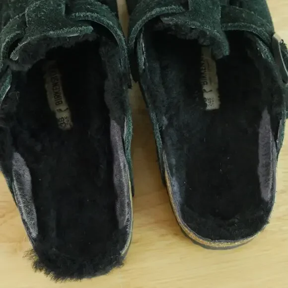 Birkenstock Boston Shearling 38 7 7.5 Black Suede Clogs Slip On Mules Cozy Shoes - Picture 8 of 10